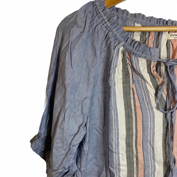 Dylan Boho Flowy Cotton Jean Striped Short Sleeve V Neck Ties Top Small S - Picture 6 of 12